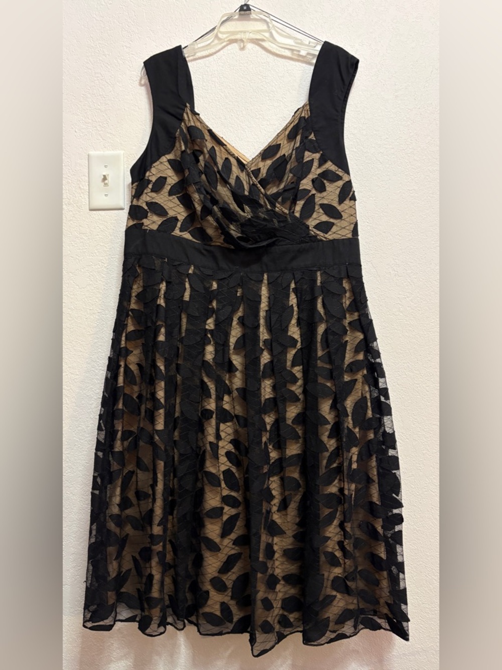 Adrianna Papell Black and Tan Leaf-Overlay Midi Dress